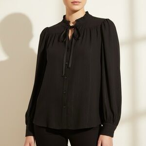 Black Metallic Pinstripe Ruffled Neck Blouse Tie Neck Puffed Sleeves size Large